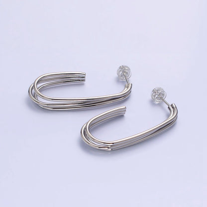 Gold, Silver 40mm Triple Band J-Shaped Geometric Hoop Earrings | AB627 AB628