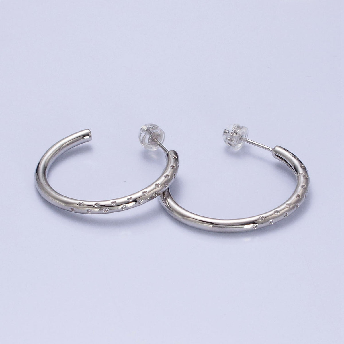 30mm Clear CZ Dotted C-Shaped Hoop Earrings in Gold &amp; Silver | AB749 AB741