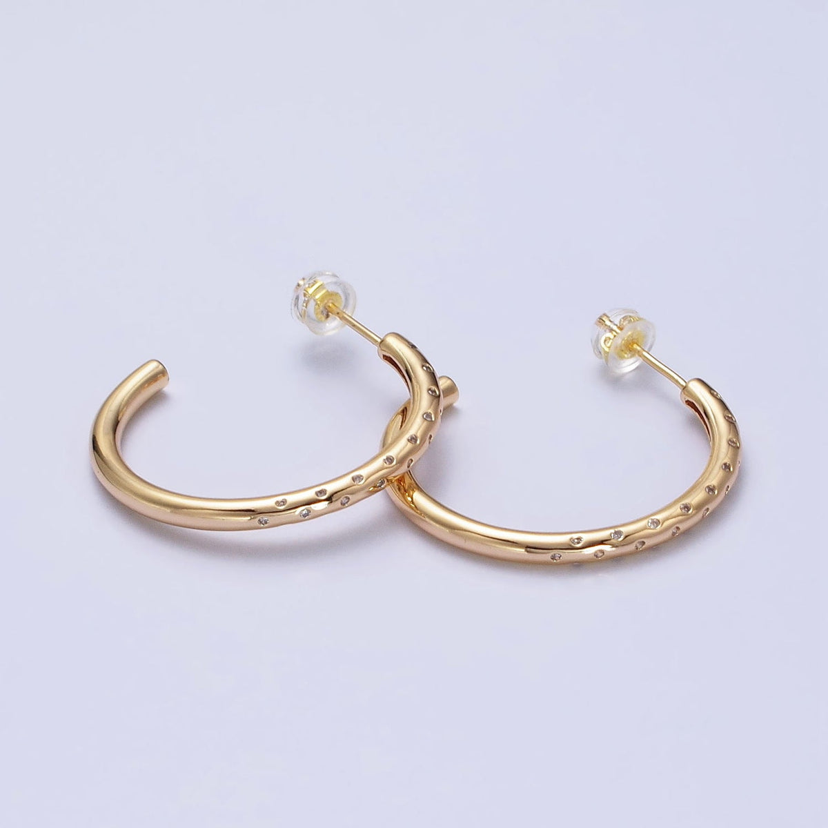 30mm Clear CZ Dotted C-Shaped Hoop Earrings in Gold &amp; Silver | AB749 AB741