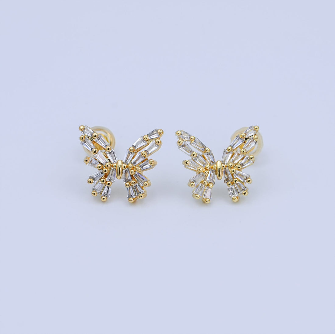 24K Gold Filled Baguette CZ Butterfly Insect Stud Earrings | AB872