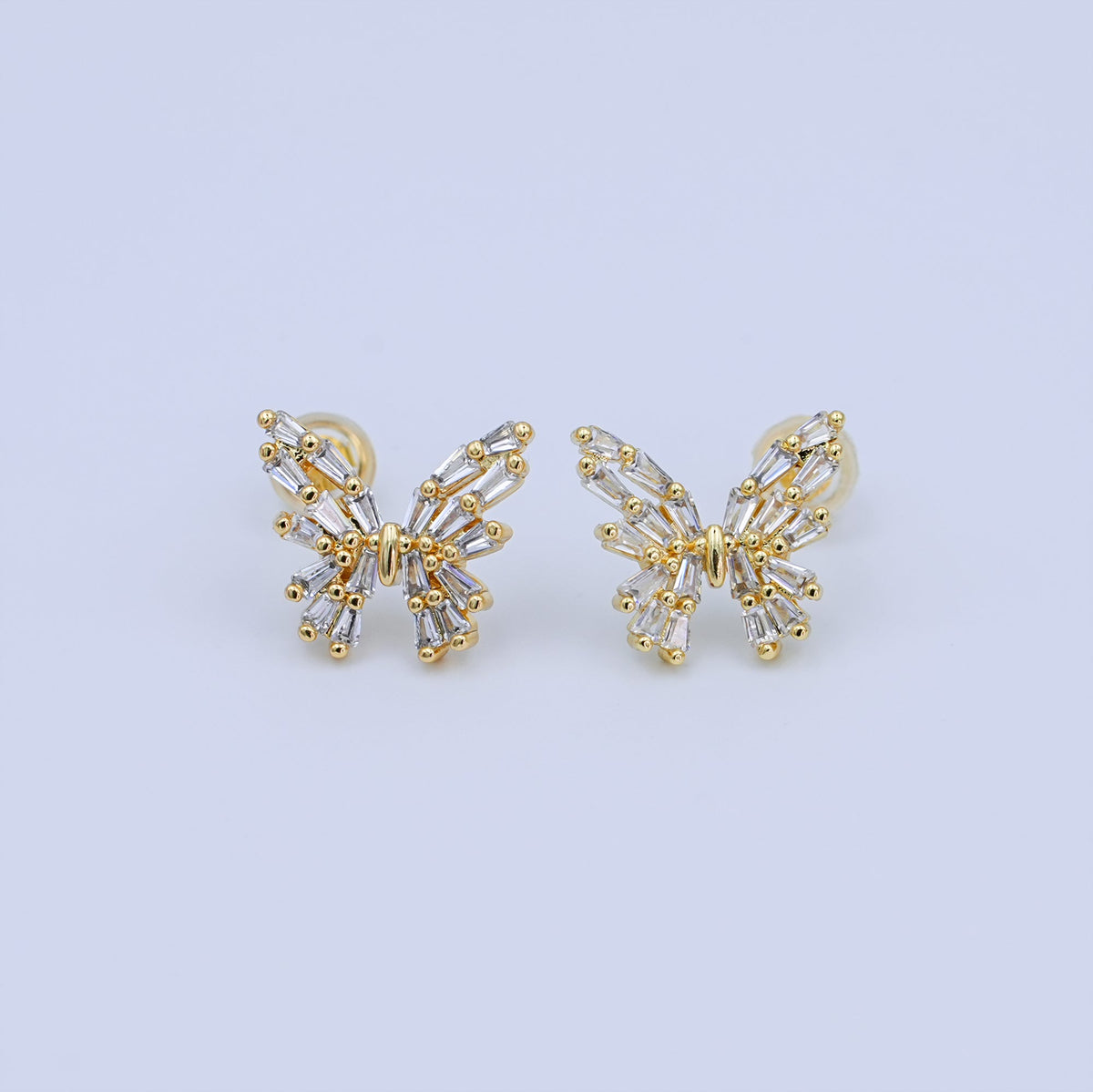 24K Gold Filled Baguette CZ Butterfly Insect Stud Earrings | AB872