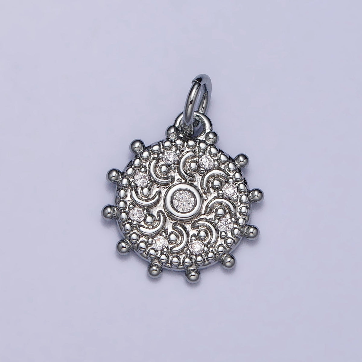 Gold, Silver Clear CZ Celestial Crescent Moon Textured Dotted Outline Round Charm | AC973 AC1009