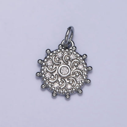 Gold, Silver Clear CZ Celestial Crescent Moon Textured Dotted Outline Round Charm | AC973 AC1009
