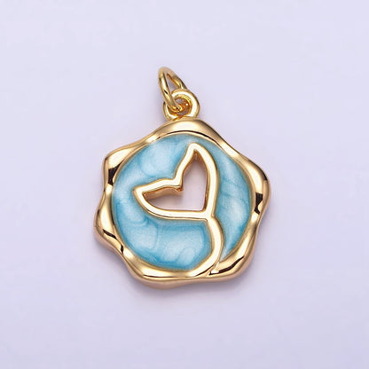 16K Gold Filled White, Pink, Blue Ocean Whale Tail Glitter Enamel Stamped Round Charm in Gold &amp; Silver | AC1093 - AC1098