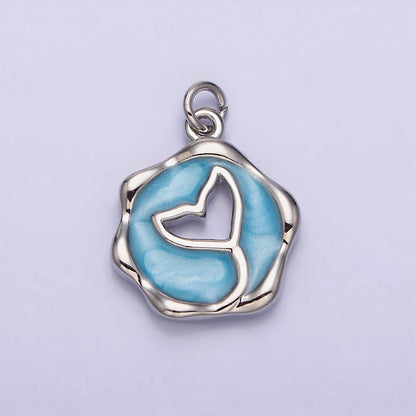 16K Gold Filled White, Pink, Blue Ocean Whale Tail Glitter Enamel Stamped Round Charm in Gold &amp; Silver | AC1093 - AC1098