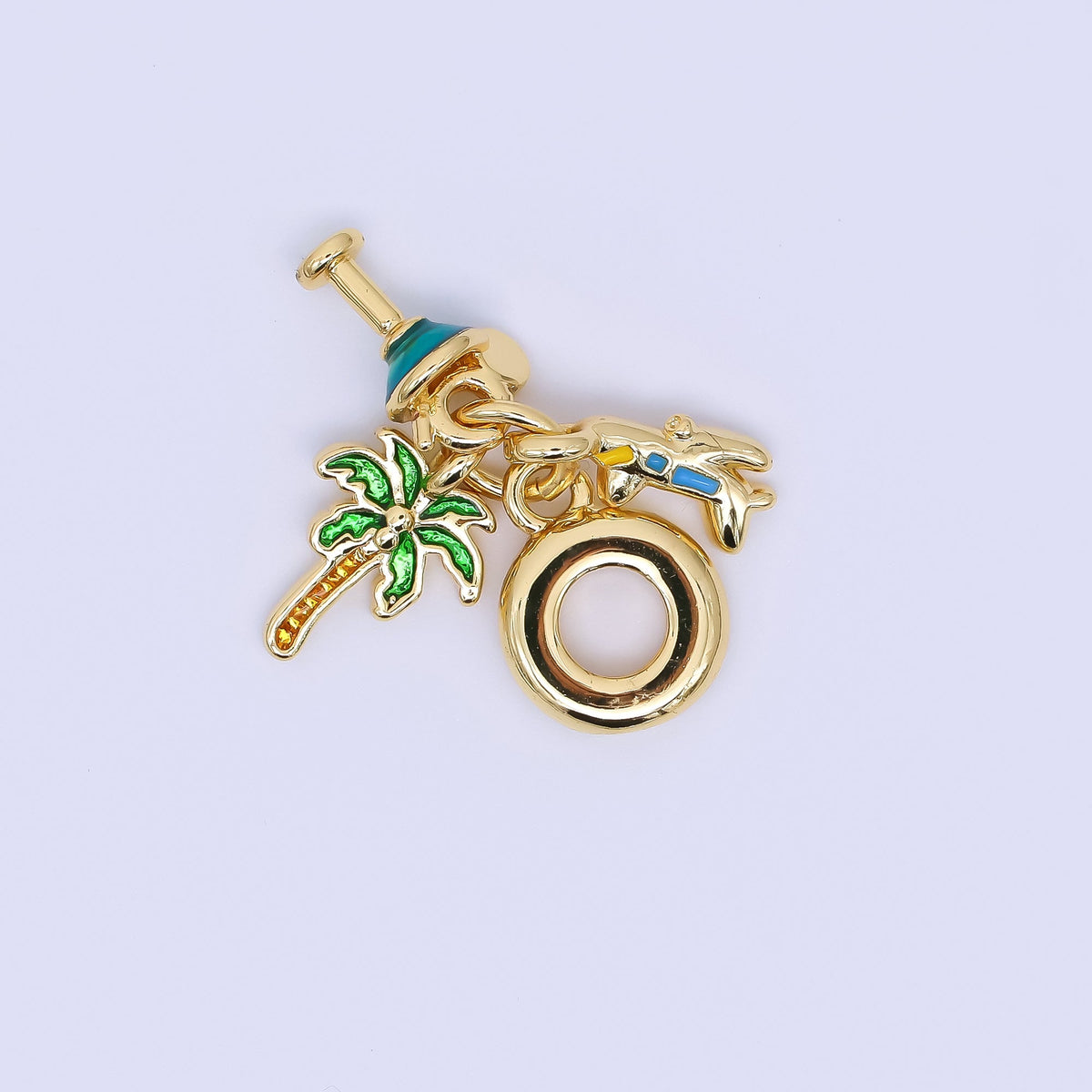 24K Gold Filled Palm Tree Cocktails Airplane Jet Vacation Travel Set Rondelle Drop Charm | AC1650