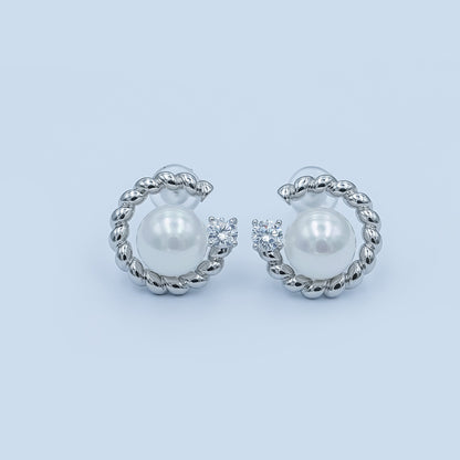 White Shell Pearl CZ Croissant C-Shaped Stud Earrings in Gold &amp; Silver | AD1359 AD1360