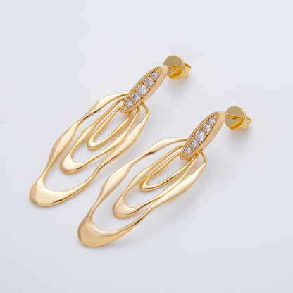 18K Gold Filled 50mm Micro Paved CZ Wavy Molten Oval Drop Stud Earrings | AD1590