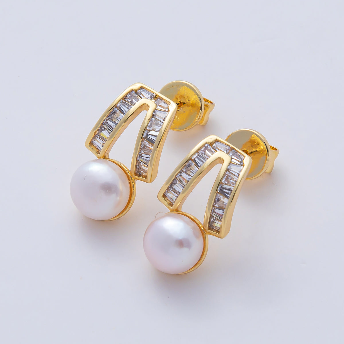 18K Gold Filled 16.5mm White, Pink Shell Pearl Geometric Baguette Drop Stud Earrings | AD1640 AD1641