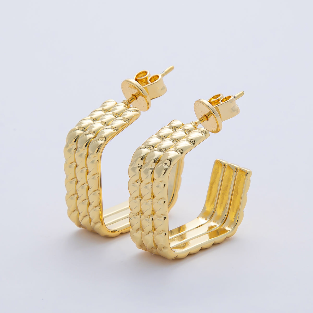 18K Gold Filled 20.5mm Triple Rope Geometric C-Shaped Hoop Earrings | AD1645