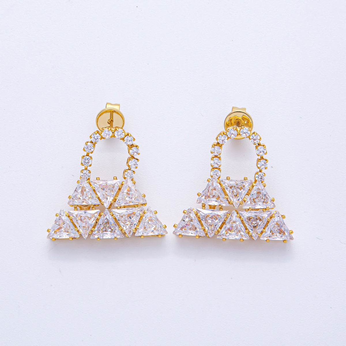 18K Gold Filled 24mm Clear CZ Bag Triangle Geometric Drop Stud Earrings | AD1672
