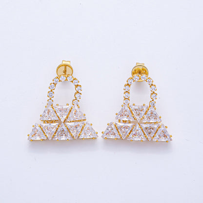 18K Gold Filled 24mm Clear CZ Bag Triangle Geometric Drop Stud Earrings | AD1672