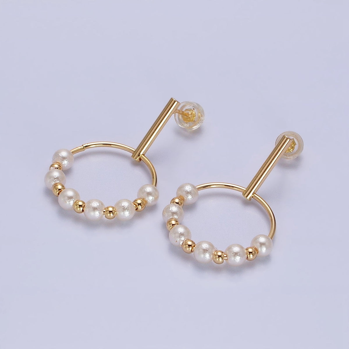 Silver, Gold Round Shell Pearl Bead Circular Drop Linear Stud Earrings | AB1098 AD784