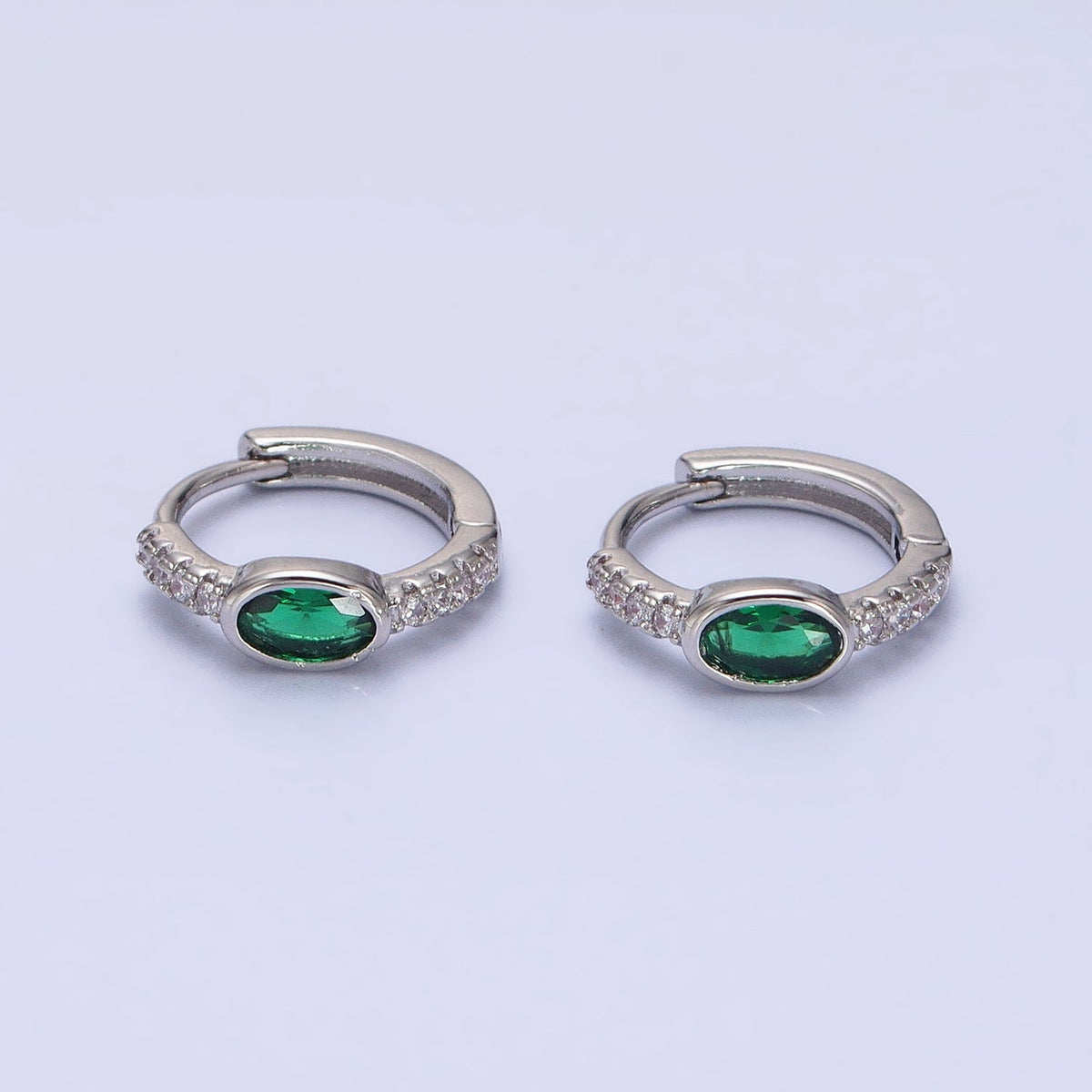 16K Gold Filled Emerald Green Oval Micro Paved CZ 13mm Huggie Earring in Gold &amp; Silver | AD865 AD866