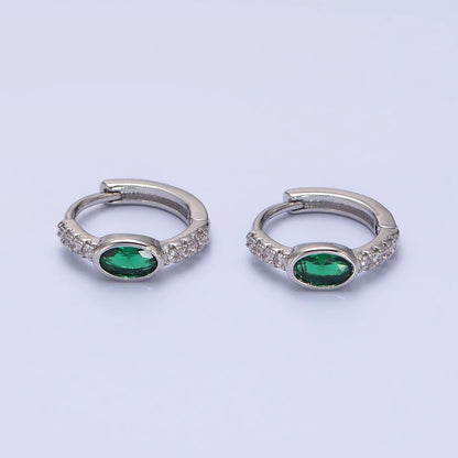 16K Gold Filled Emerald Green Oval Micro Paved CZ 13mm Huggie Earring in Gold &amp; Silver | AD865 AD866