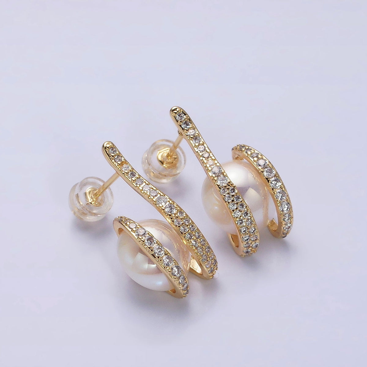 16K Gold Filled 21.5mm Iridescent Shell Pearl Micro Paved CZ Claw Drop Stud Earrings in Gold &amp; Silver | AD972 AD973