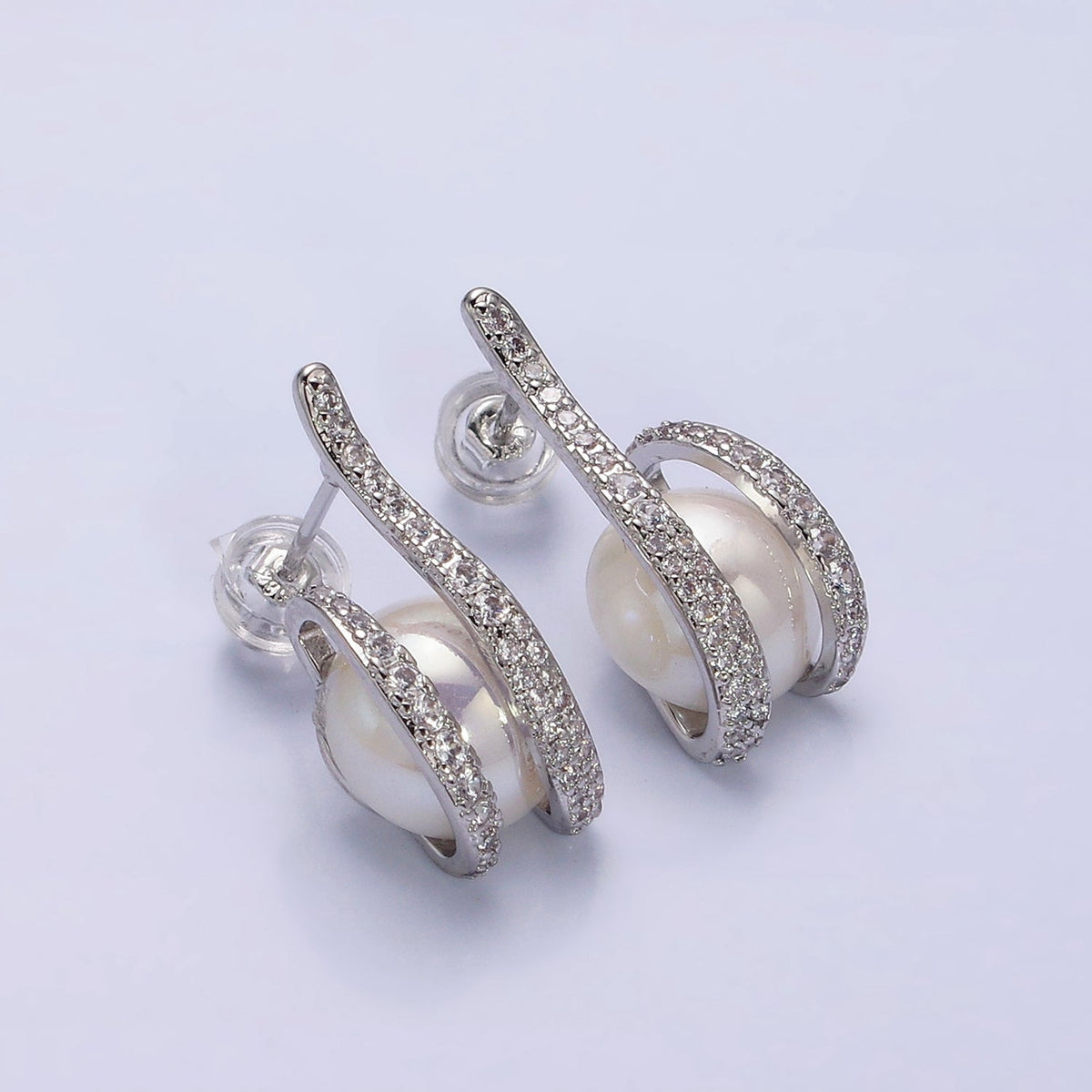 16K Gold Filled 21.5mm Iridescent Shell Pearl Micro Paved CZ Claw Drop Stud Earrings in Gold &amp; Silver | AD972 AD973