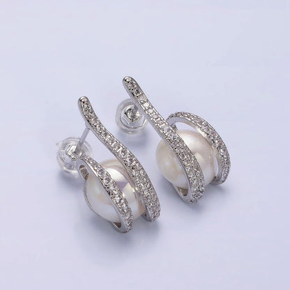 16K Gold Filled 21.5mm Iridescent Shell Pearl Micro Paved CZ Claw Drop Stud Earrings in Gold &amp; Silver | AD972 AD973