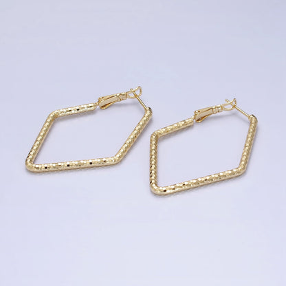 14K Gold Filled Multifaceted Textured 45mm, 60mm Rhombus Hinge Hoop Earrings | AE063 AE064