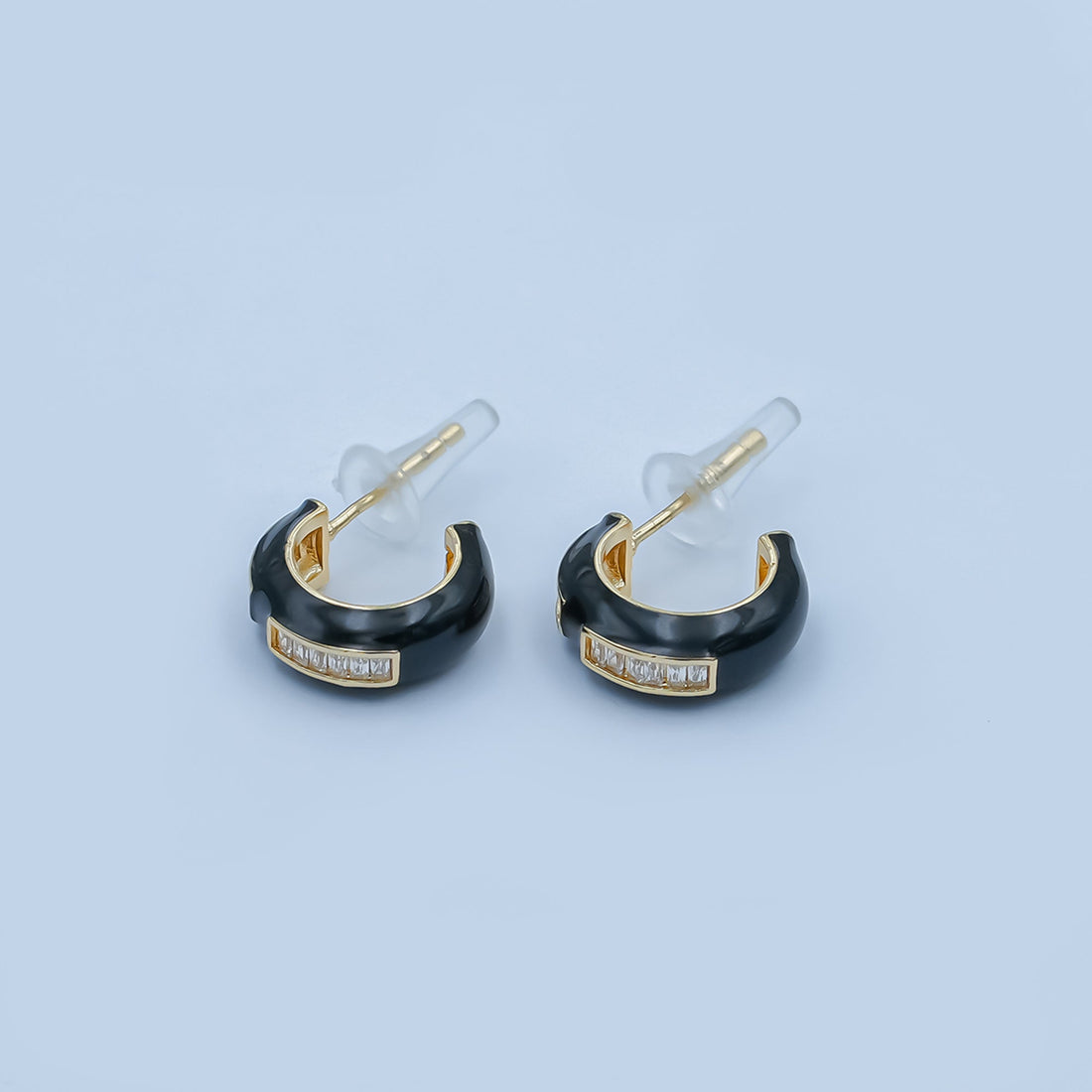 Black, White Enamel Baguette CZ C-Shaped Hoop Earrings in Gold &amp; Silver | AE265 - AE73