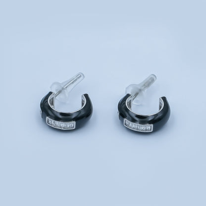 Black, White Enamel Baguette CZ C-Shaped Hoop Earrings in Gold &amp; Silver | AE265 - AE73
