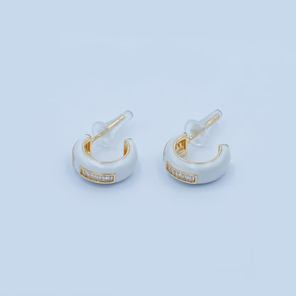 Black, White Enamel Baguette CZ C-Shaped Hoop Earrings in Gold &amp; Silver | AE265 - AE73