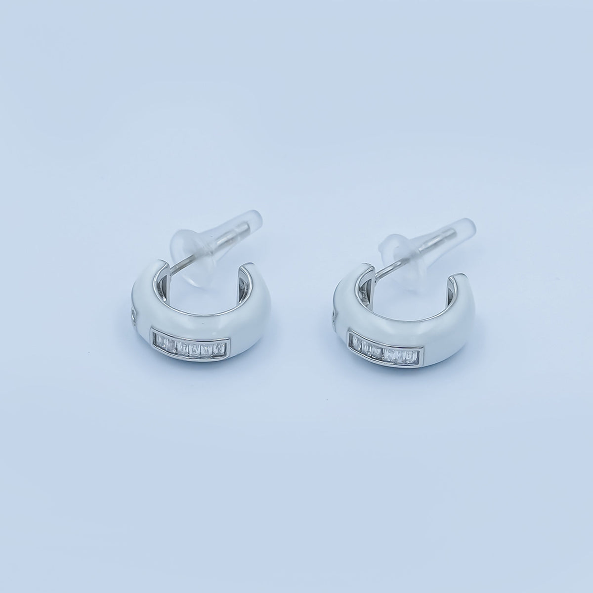 Black, White Enamel Baguette CZ C-Shaped Hoop Earrings in Gold &amp; Silver | AE265 - AE73