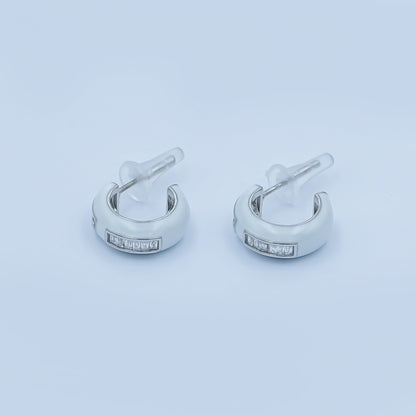 Black, White Enamel Baguette CZ C-Shaped Hoop Earrings in Gold &amp; Silver | AE265 - AE73