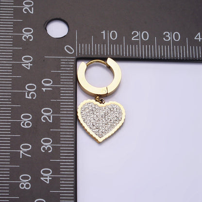 Stainless Steel Clear Micro Paved CZ Heart Drop Huggie Earrings | AE873