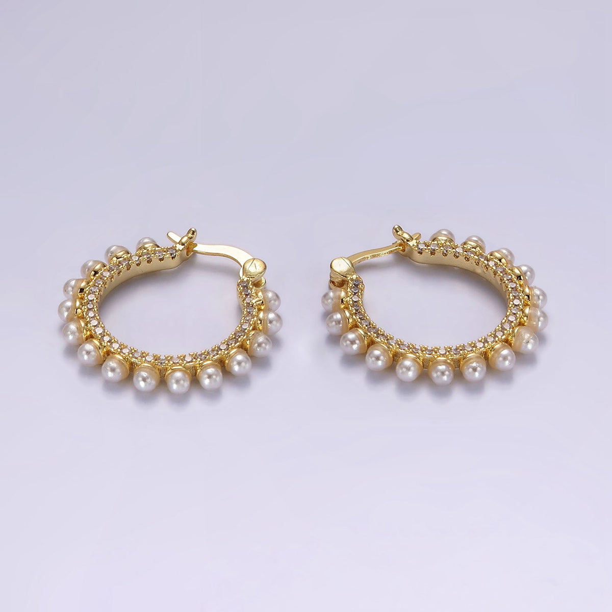 14K Gold Filled 23.5mm Micro Paved CZ Shell Pearl Dotted Latch Hoop Earrings in Gold &amp; Silver | AE993 AE994