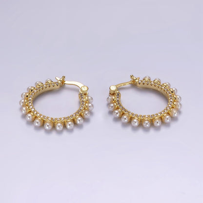 14K Gold Filled 23.5mm Micro Paved CZ Shell Pearl Dotted Latch Hoop Earrings in Gold &amp; Silver | AE993 AE994