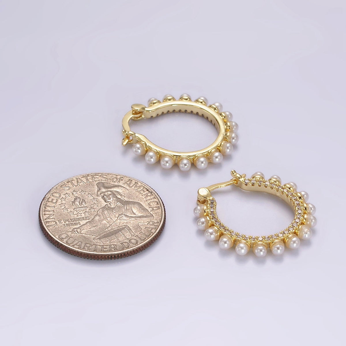 14K Gold Filled 23.5mm Micro Paved CZ Shell Pearl Dotted Latch Hoop Earrings in Gold &amp; Silver | AE993 AE994