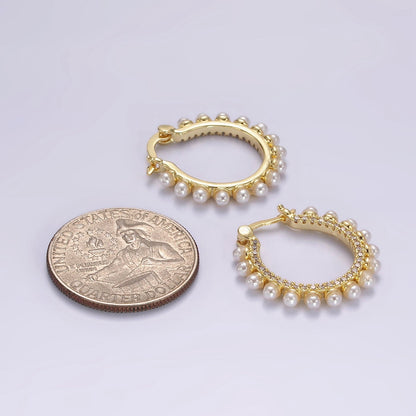 14K Gold Filled 23.5mm Micro Paved CZ Shell Pearl Dotted Latch Hoop Earrings in Gold &amp; Silver | AE993 AE994