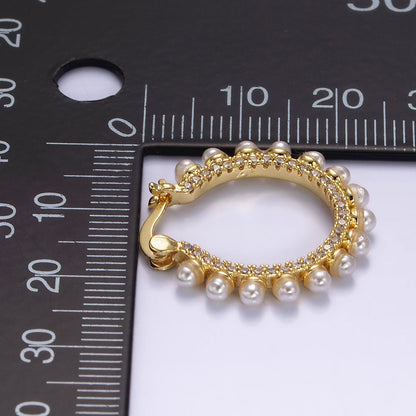 14K Gold Filled 23.5mm Micro Paved CZ Shell Pearl Dotted Latch Hoop Earrings in Gold &amp; Silver | AE993 AE994