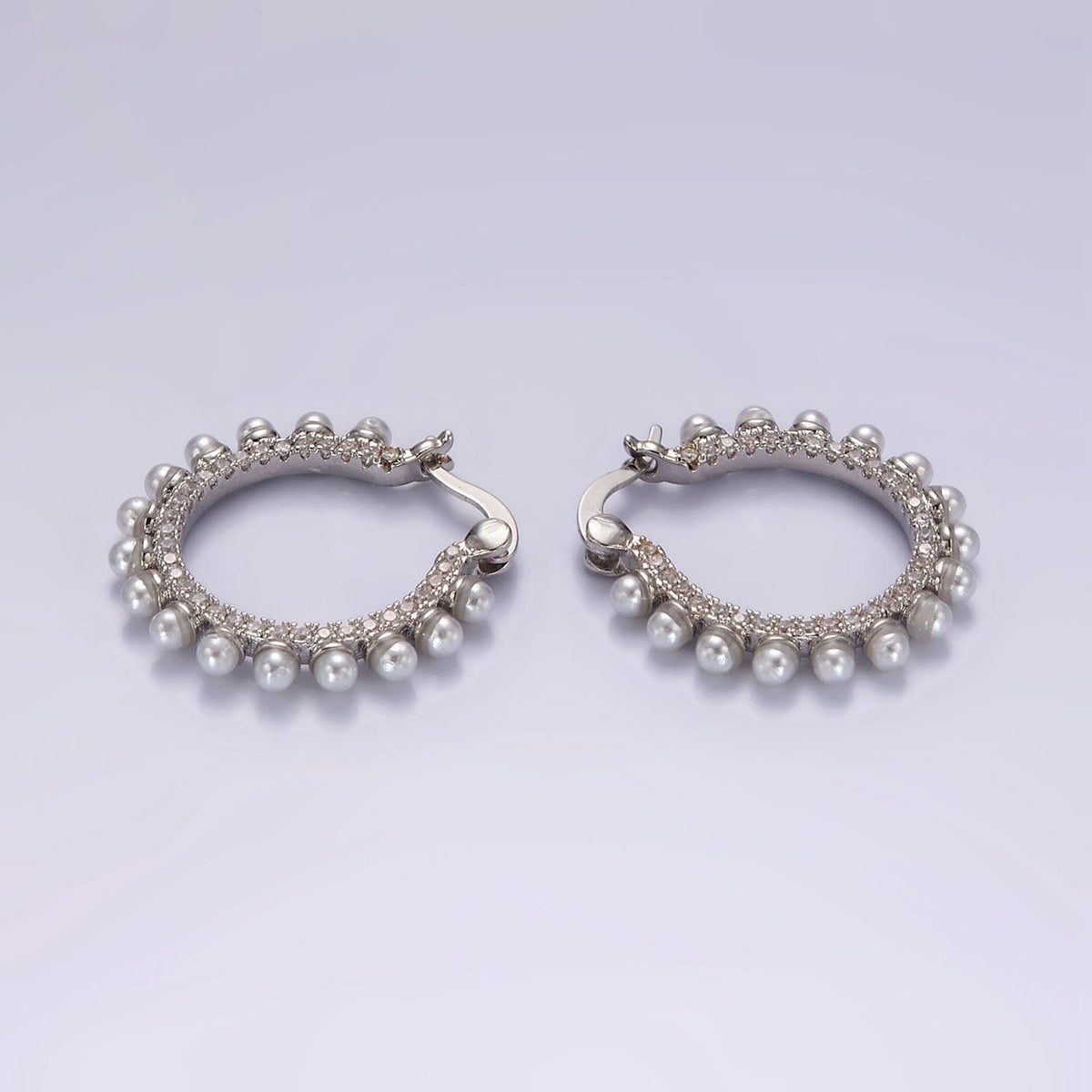 14K Gold Filled 23.5mm Micro Paved CZ Shell Pearl Dotted Latch Hoop Earrings in Gold &amp; Silver | AE993 AE994