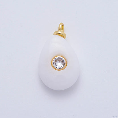18K Gold Filled 23mm Clear CZ Round Embedded White Jade Teardrop Gemstone Charm | AF1322