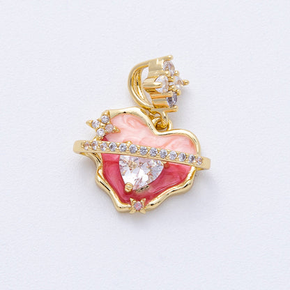 18K Gold Filled 12.5mm Pink Enamel Micro Paved CZ Heart Space Galaxy Pendant | AF1213