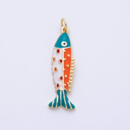 18K Gold Filled 30.5mm Multicolor CZ Enamel Fish Sardine Charm | AF1306