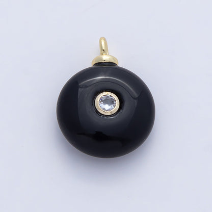 18K Gold Filled 20mm Clear CZ Embedded Black Onyx Round Gemstone Charm | AF1471