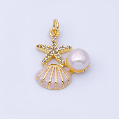 24K Gold Filled 23mm White, Pink, Blue Micro Paved CZ Shell Pearl Starfish Clam Seashell Charm | AF1588 AF1589