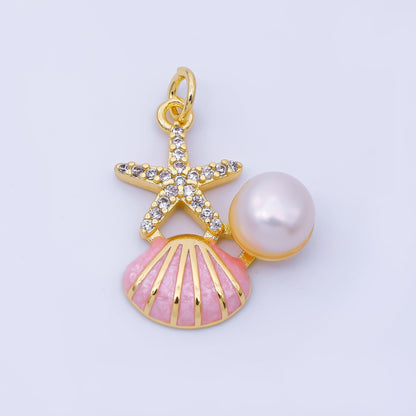 24K Gold Filled 23mm White, Pink, Blue Micro Paved CZ Shell Pearl Starfish Clam Seashell Charm | AF1588 AF1589