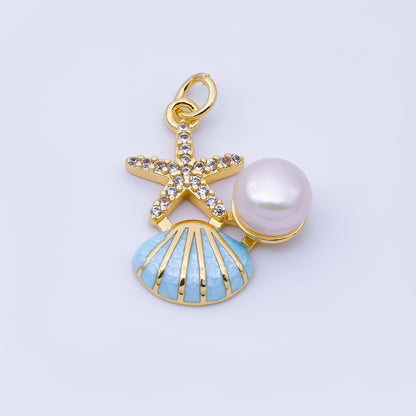 24K Gold Filled 23mm White, Pink, Blue Micro Paved CZ Shell Pearl Starfish Clam Seashell Charm | AF1588 AF1589