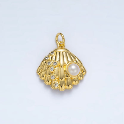 24K Gold Filled 19mm Shell Pearl CZ Dotted Clam Sea Shell Charm in Gold &amp; Silver | AG866