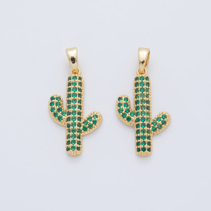 18K Gold Filled Green Micro Paved CZ Cactus Plant Pendant | AH779