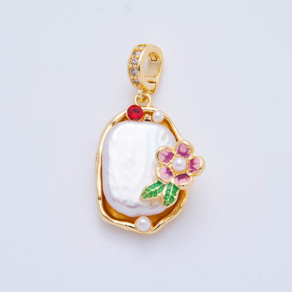 18K Gold Filled 34mm Freshwater Pearl  Flower Micro Paved CZ Drop Rondelle Pendant | AH817