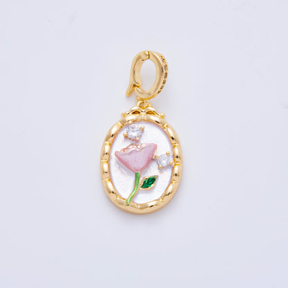 18K Gold Filled 33mm Shell Pearl CZ Flower Artisan Bezel Oval Snap Drop Bail Pendant | AH818