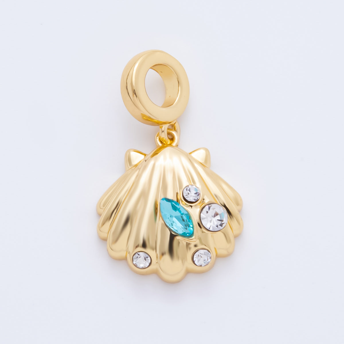 SUMMER 18K Gold Filled 26.4mm Blue Clear CZ Dotted Sea Clam Shell Drop Rondelle Pendant | AH909