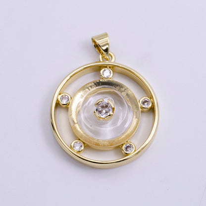 14K Gold Filled 30mm Clear Quartz, Rose Quartz, Amethyst CZ Open Round Pendant | AH055 - AH057