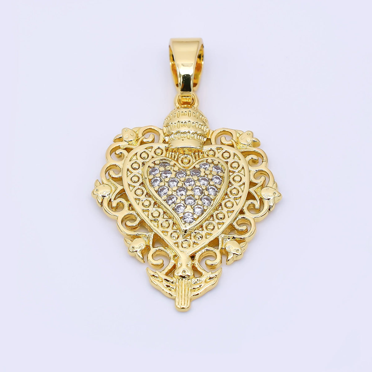 24K Gold Filled 26mm Micro Paved CZ Artisan Heart Pendant | AH542