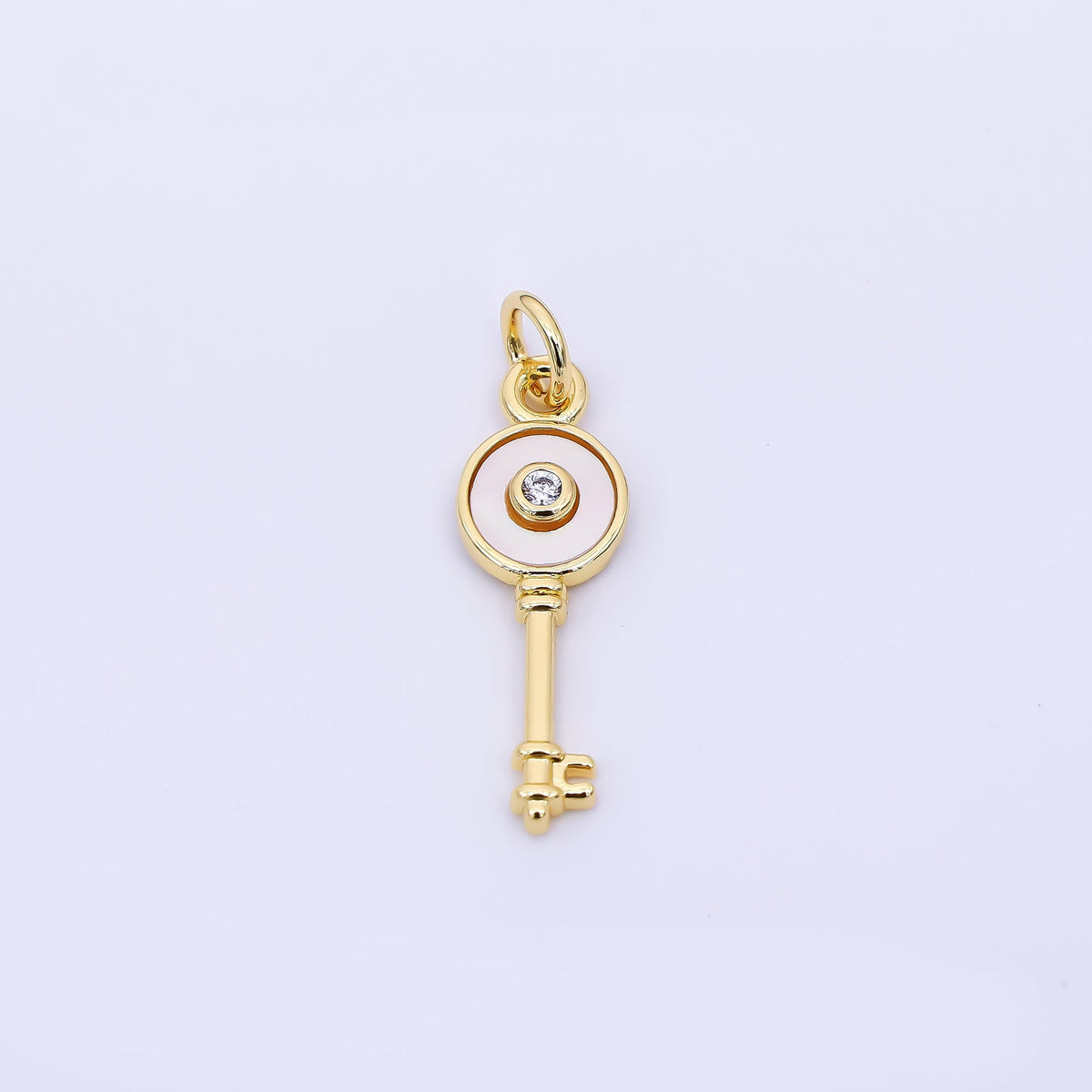 24K Gold Filled 21mm CZ Shell Pearl Round Key Charm | AH563